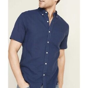 Old Navy Men's XL Linen Blend Short Sleeve Button Down Shirt Navy Casual Resort